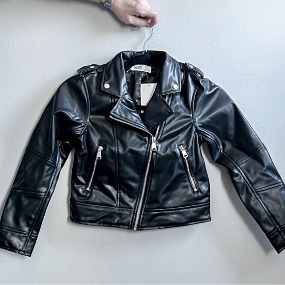 (NEW) H&M BLACK FAUX LEATHER BIKER JACKET (SIZE 8) - Picture 2 of 8